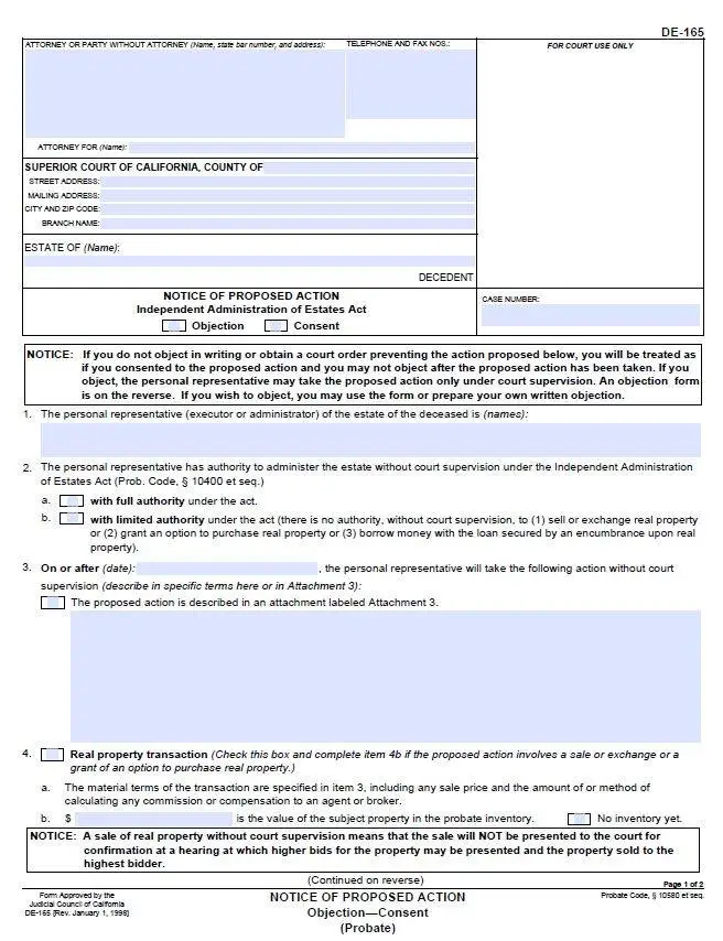 probate homes, Notice of Proposed Action probate homes, Notice of proposed action when selling probate homes
