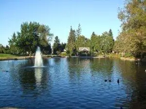 probate home, Tree lined pond with fountain and ducks swimming