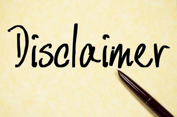 Disclaimer, The word Disclaimer written in bold black over light yellow paper Disclaimer