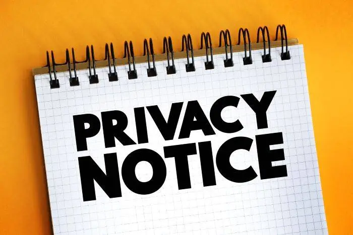Privacy Policy, spiral bound notepad with Privacy Notice in Bold Black Print Privacy Policy